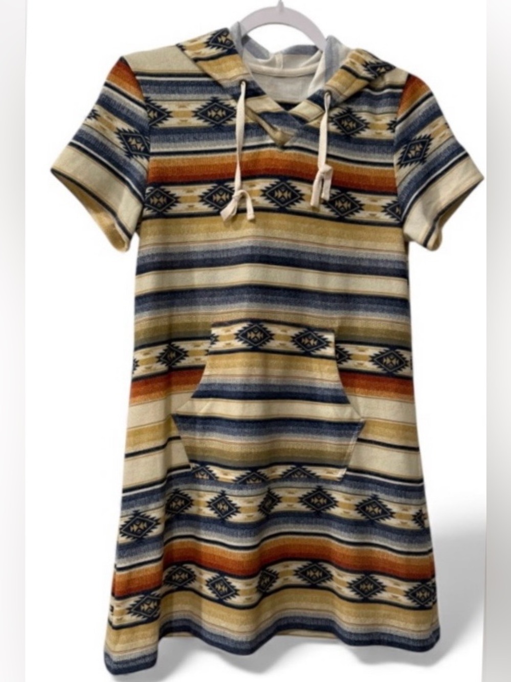 Double D Ranchwear Cow Champ women’s XS striped tan & blue hooded cowgirl dress